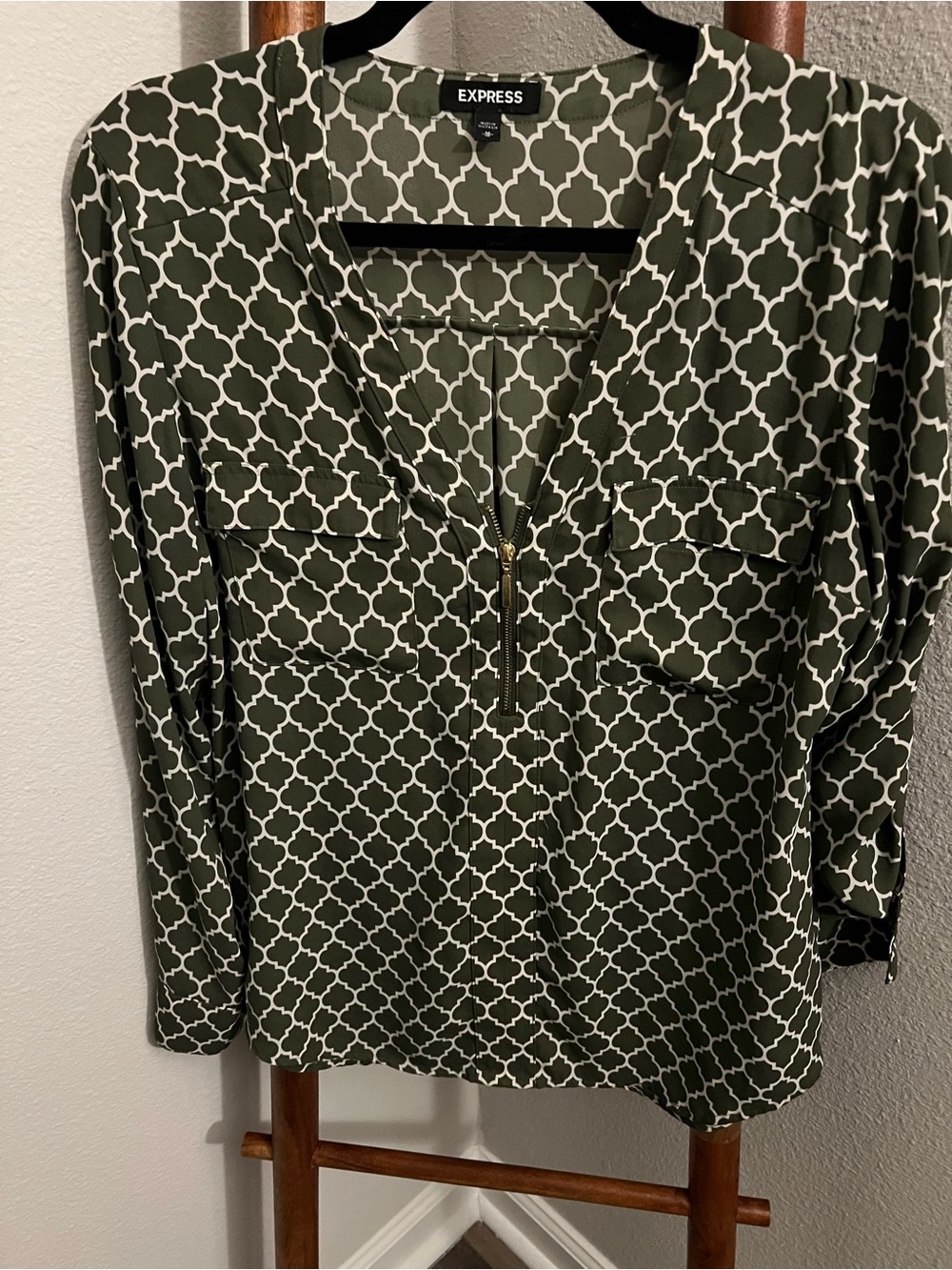 Express Olive Green and White Geometric Zip-Front Blouse